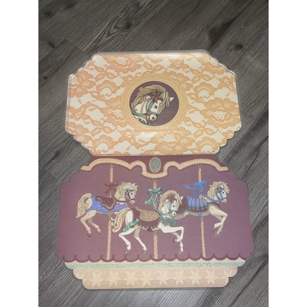 Vintage Reversible Set Of 4 Placemats W/ Carousel Horse Vinyl Made In The USA
